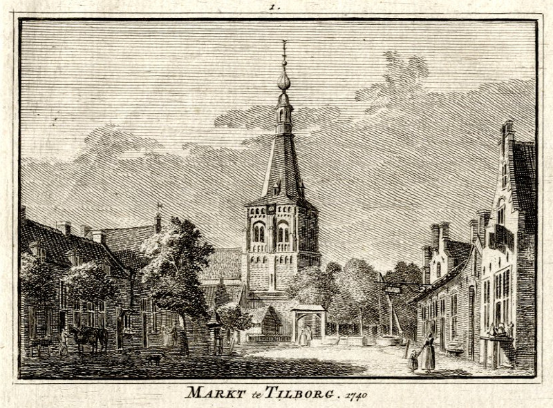 afbeelding van prent Markt te Tilborg 1740 van Spilman (Tilburg)