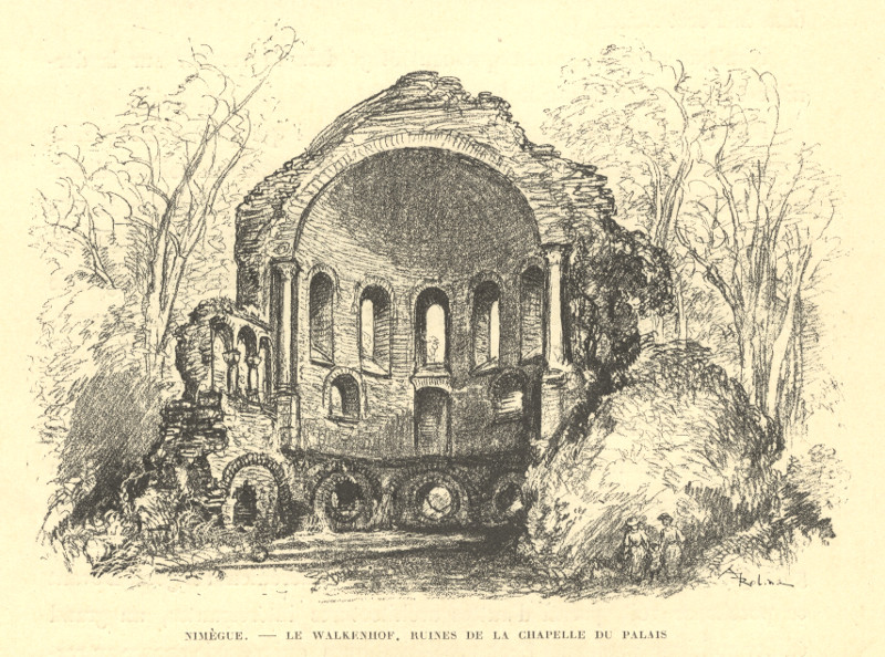 afbeelding van prent Nimegue, Le Walkenhof, Ruines de la Chapelle du Palais van A. Robida (Nijmegen)