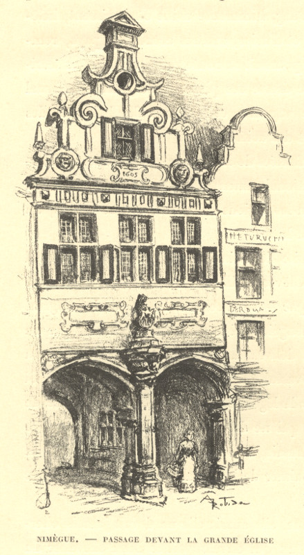 afbeelding van prent Nimegue, Passage devant la Grande Eglise van A. Robida (Nijmegen)