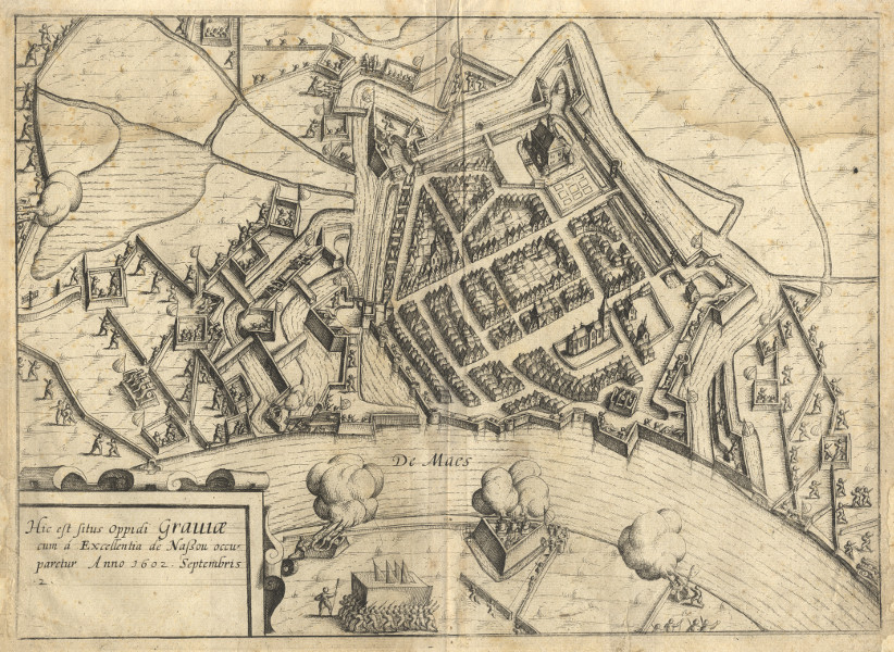 afbeelding van plattegrond Hic est situs oppidi Graviae cum a Excellentia de Nassou occuparetur anno 1602 Septembris 2 van L. Guicciardini (Grave)