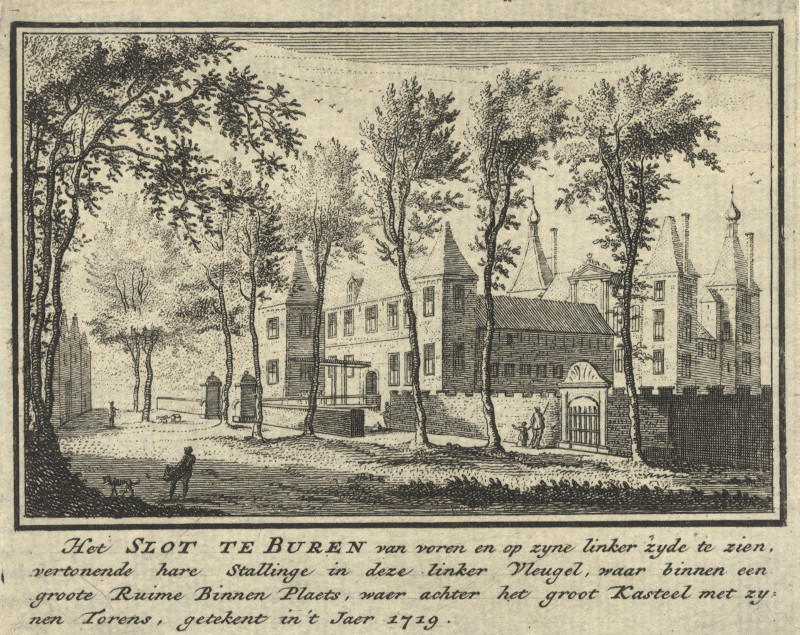 afbeelding van prent Het Slot te Buren, van voren en op zyne linker zyde te zien van J.M. Bregmagher, naar A. Rademaker (Buren)