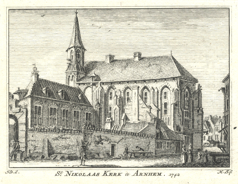 afbeelding van prent St. Nikolaas Kerk te Arnhem 1742 van H. Spilman, J. de Beijer (Arnhem)