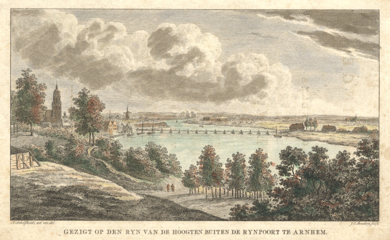 afbeelding van prent Gezigt op den Ryn van de hoogten buiten de Rynpoort te Arnhem van J.C. Bendorp, A. Schelfthout (Arnhem)