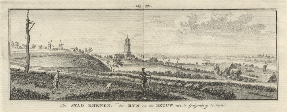 afbeelding van prent De stad Rhenen, de Ryn en de Betuw van de Galgenberg te zien van H. Spilman naar J. de Beijer (Rhenen)