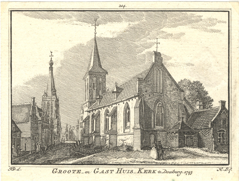 afbeelding van prent Groote en GastHuis Kerk te Doesburg; 1743 van H. Spilman, J. de Beijer (Doesburg)