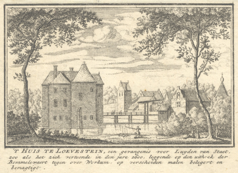 afbeelding van prent ´t Huis te Loevestein, een gevangenis voor Luyden van Staet van J.M. Bregmagher, naar A. Rademaker (Loevestein)
