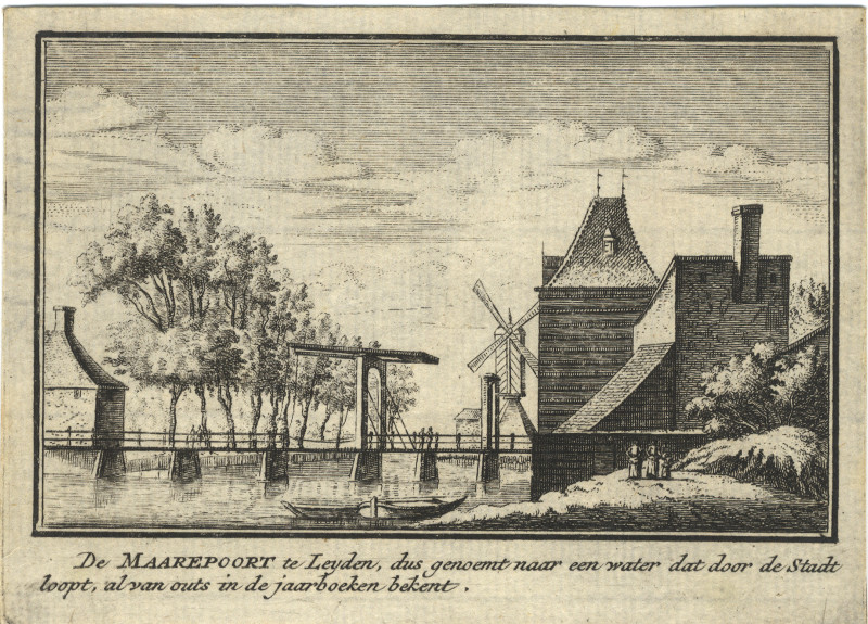 afbeelding van prent De Maarepoort te Leyden, dus genoemt naar een water dat door de Stadt loopt van J.M. Bregmagher, naar A. Rademaker (Leiden)