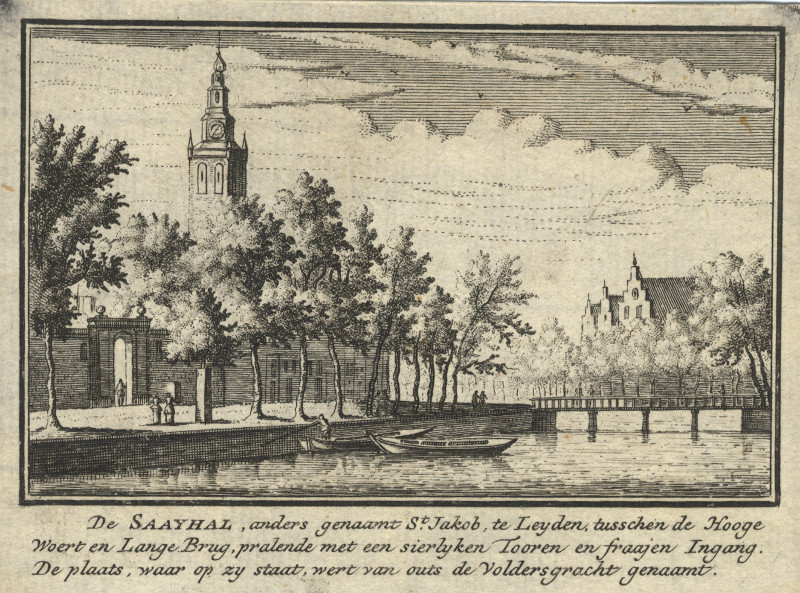 afbeelding van prent De Saayhal, anders genaamt St. Jakob, te Leyden van J.M. Bregmagher, naar A. Rademaker (Leiden)