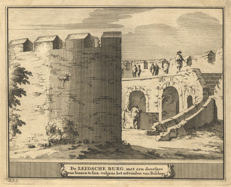 afbeelding van prent De Leidsche Burg, met een doorsnee van binnen te sien, volgens het uitvinden van Bischop van J. Schijnvoet, naar R. Roghman (Leiden)