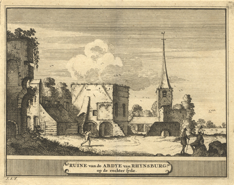 afbeelding van prent Ruine van de Abdye van Rhynsburg, op de rechter syde van J. Schijnvoet, naar R. Roghman (Rijnsburg)
