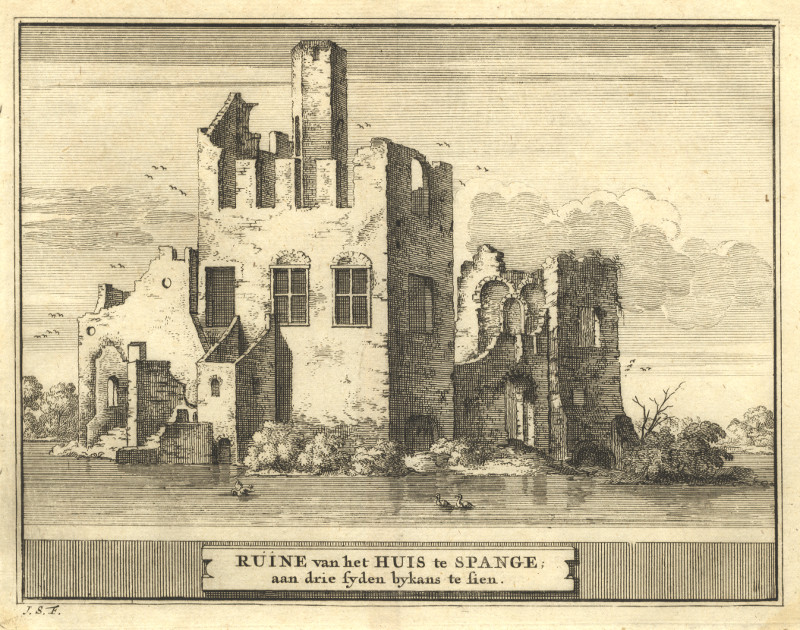 afbeelding van prent Ruine van het Huis te Spange; aan drie syden bykans te sien van J. Schijnvoet, naar R. Roghman (Rotterdam)