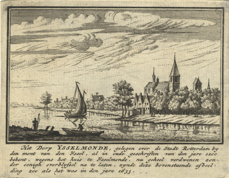 afbeelding van prent Het Dorp Ysselmonde, gelegen over de Stadt Rotterdam by den mont van den Yssel van J.M. Bregmagher, naar A. Rademaker (Rotterdam)