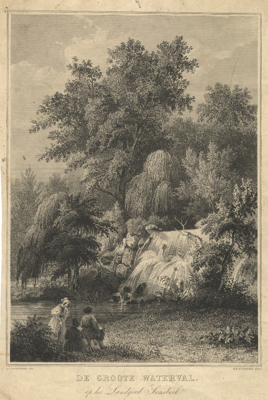 afbeelding van prent De Groote Waterval op het Landgoed Sonsbeek van A.J. en H.W. Couwenberg (Arnhem)