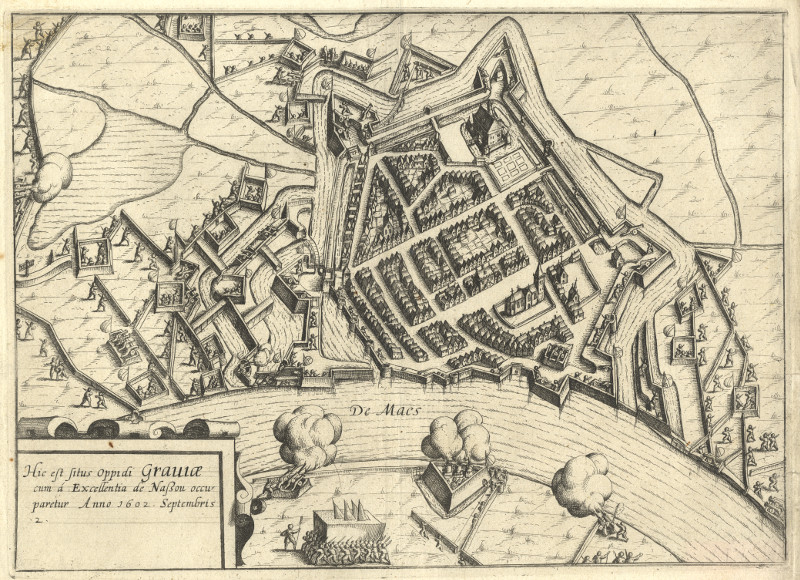 afbeelding van vogelvlucht Hic est situs Oppidi Graviae cum a excellentia de Nassou occuparetur anno 1602 van Lambert Cornelisz, L. Guicciardini (Grave)