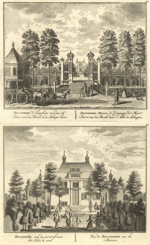 afbeelding van prent Belvedere, de buiteplaets.. ; van de poort af naer het Huis te zien van Daniel Stoopendaal (Amsterdam)