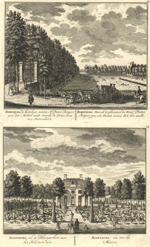afbeelding van prent Rozenburg, de lustplaets van den Hr. Pieter Rutgers; Rozenburg, uit de Bloemperken naer het Huis van Daniel Stoopendaal (Amsterdam)