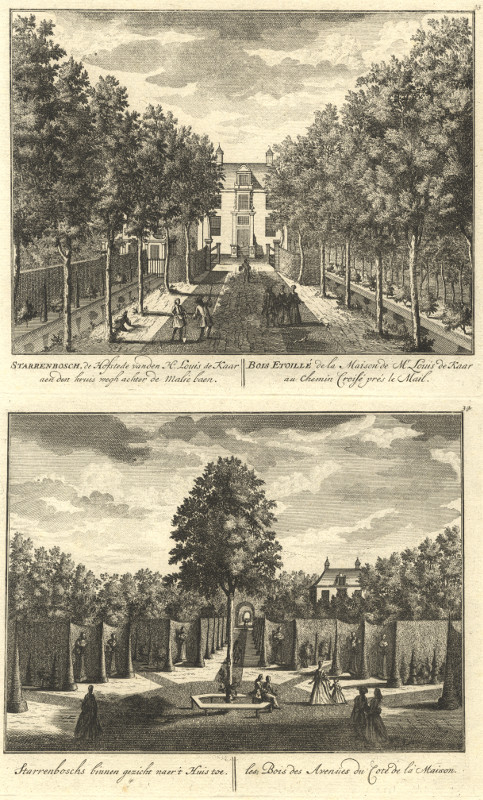 afbeelding van prent Starrenbosch, de Hofstede van den Hr Louis de Kaar; Starrenboschs binnen gezicht naer ´t Huis  van Daniel Stoopendaal, IJsack de Greve (Amsterdam)