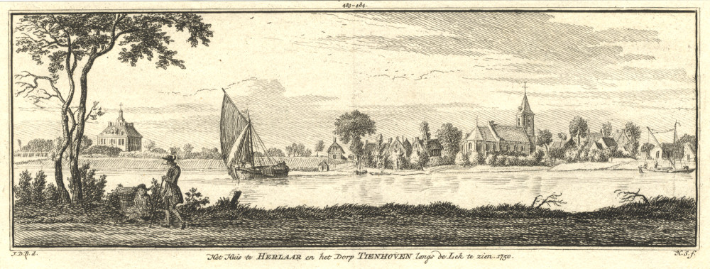 afbeelding van prent Het Huis te Herlaar en het Dorp Tienhoven langs de Lek te zien. 1750 van H. Spilman, J. de Beijer (Tienhoven)