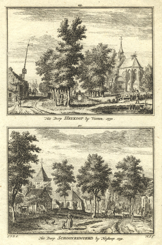 afbeelding van prent Het Dorp Heykoop by Vianen; Het Dorp Schoonrewoerd by Heykoop.  van H. Spilman, J. de Beijer (Vianen, Schoonrewoerd, Hei en Boeicop)