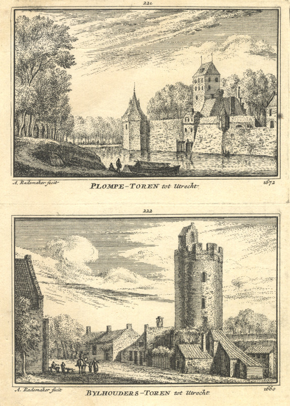 afbeelding van prent Plompe-Toren tot Utrecht 1672; Bylhouders-Toren tot Utrecht 1660 van A. Rademaker (Utrecht)