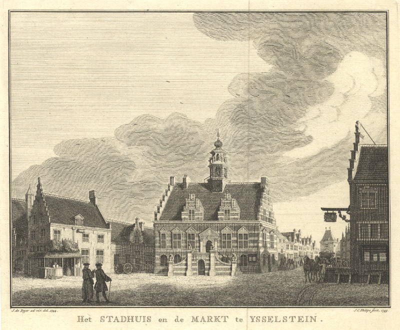 afbeelding van prent Het Stadhuis en de Markt te Ysselstein van J.C. Philips, J. de Beijer (IJsselstein)
