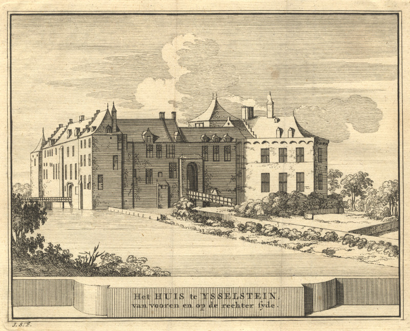 afbeelding van prent Het Huis te Ysselstein, van vooren en op de rechter syde van J. Schijnvoet, naar R. Roghman (IJsselstein)