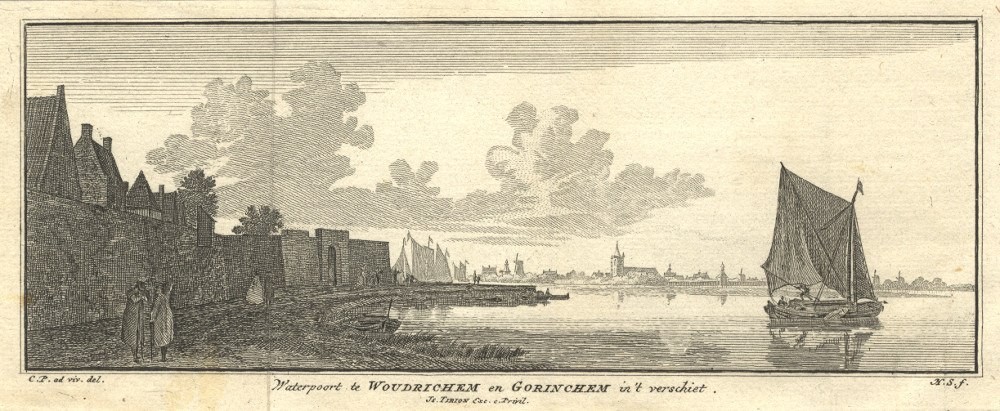 afbeelding van prent Waterpoort te Woudrichem en Gorinchem in ´t verschiet.  van H. Spilman, C. Pronk (Woudrichem, Gorinchem)