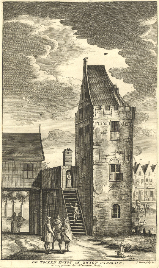 afbeelding van prent De Tooren Zwigt of Zwygt Utrecht, nu een gedeelte der Kloveniers Doele van Jan Goeree (Amsterdam)