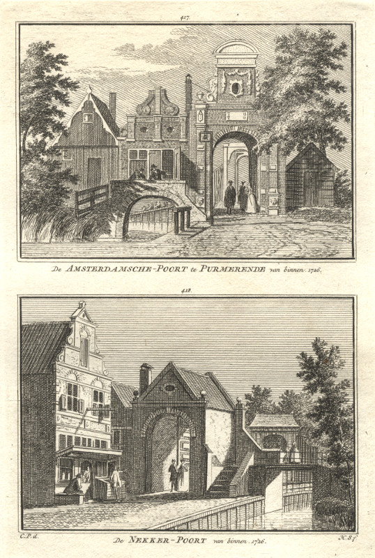 afbeelding van prent De Amsterdamsche-Poort te Purmerende van binnen; De Nekker-Poort van binnen van H. Spilman, C. Pronk (Purmerend)