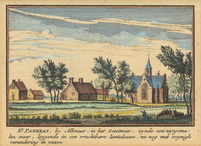 afbeelding van prent St. Pankras, by Alkmaar, in het Geestmeer, zynde een uytgemalen meer van A. Rademaker (Sint Pancras)