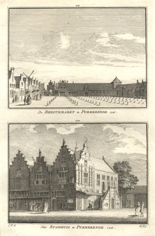 afbeelding van prent De Beestemarkt te Purmerende; Het Stadhuis te Purmerende 1726 van H. Spilman, C. Pronk (Purmerend)