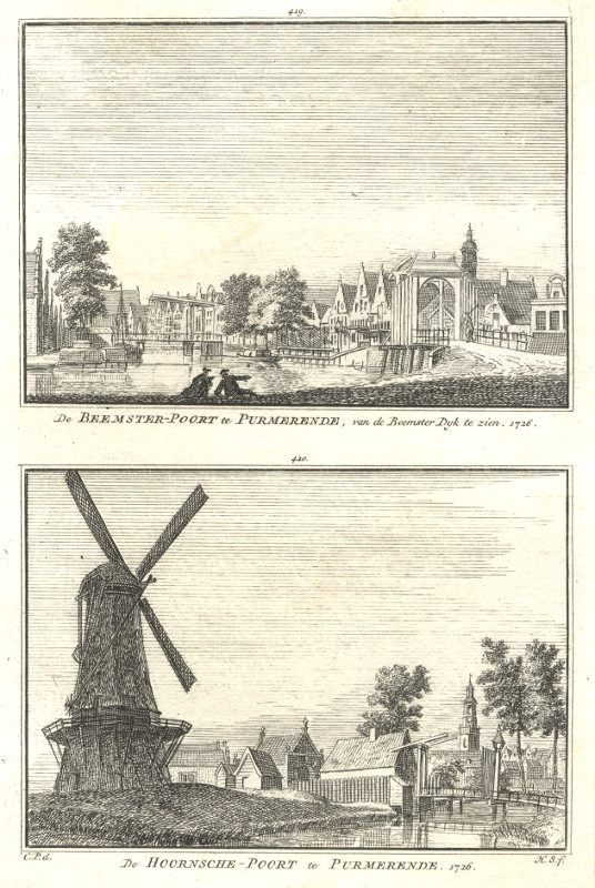 afbeelding van prent De Beemster-Poort te Purmerende; De Hoornsche-Poort te Purmerende van H. Spilman, C. Pronk (Purmerend)
