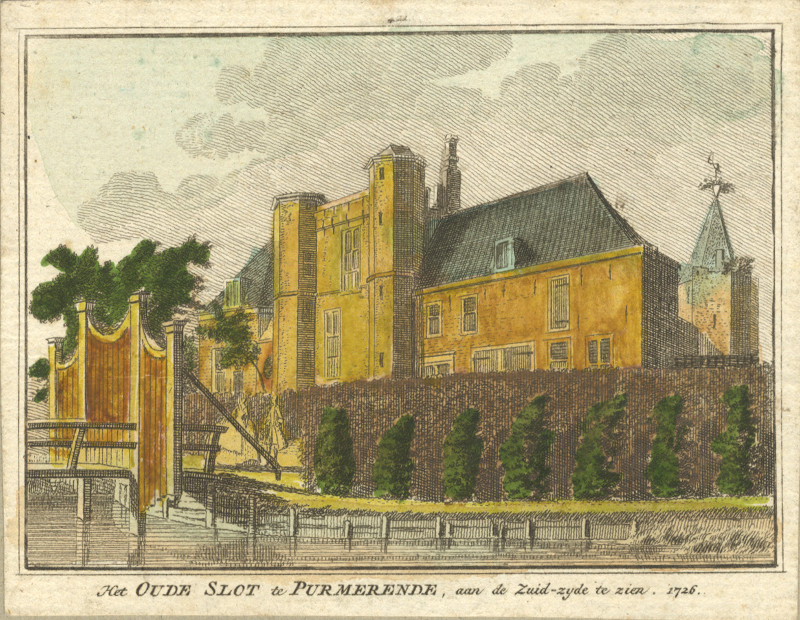afbeelding van prent Het Oude Slot te Purmerende, aan de Zuid-zyde te zien. 1726 van H. Spilman (Purmerend)