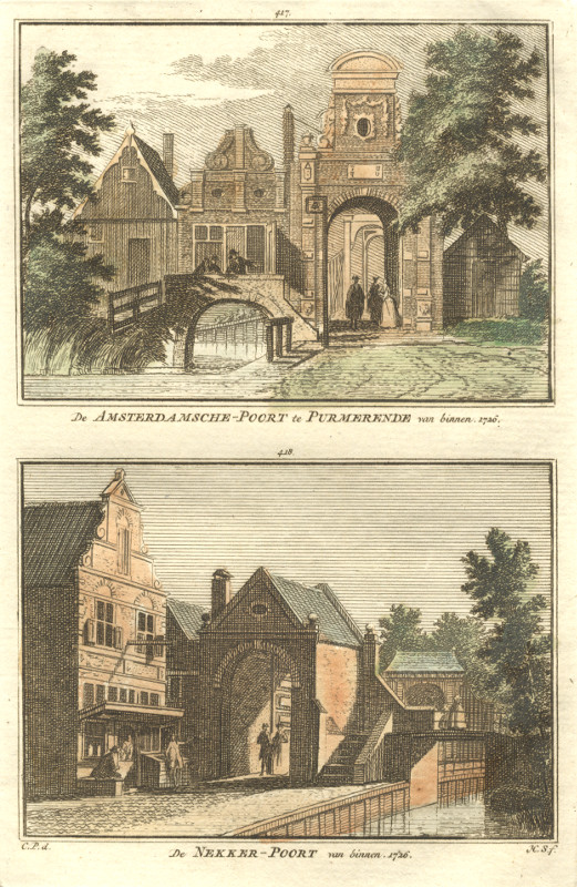 afbeelding van prent De Amsterdamsche-Poort te Purmerende van binnen; De Nekker-Poort van binnen van H. Spilman, C. Pronk (Purmerend)