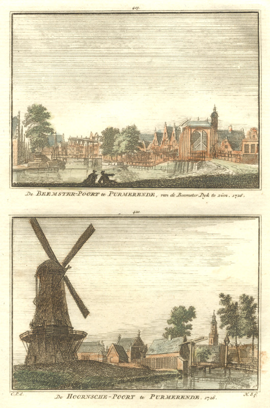 afbeelding van prent De Beemster-Poort te Purmerende; De Hoornsche-Poort te Purmerende van H. Spilman, C. Pronk (Purmerend)
