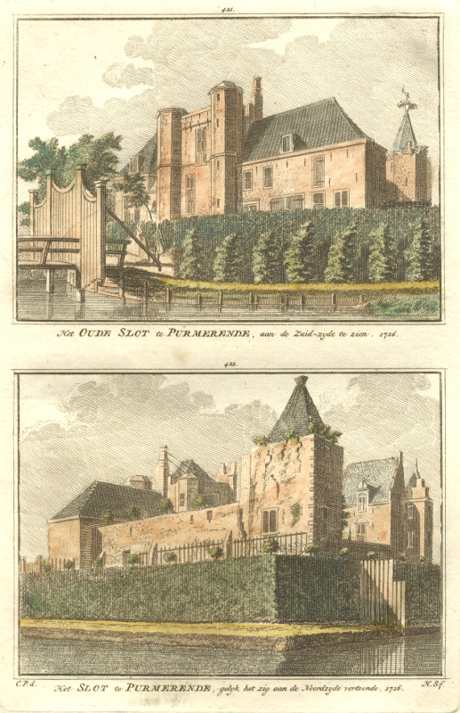 afbeelding van prent Het Oude Slot te Purmerende aan de Zuidzyde, Het Slot te Purmerende gelyk het zig aan de Noordzyde.. van H. Spilman, C. Pronk (Purmerend)