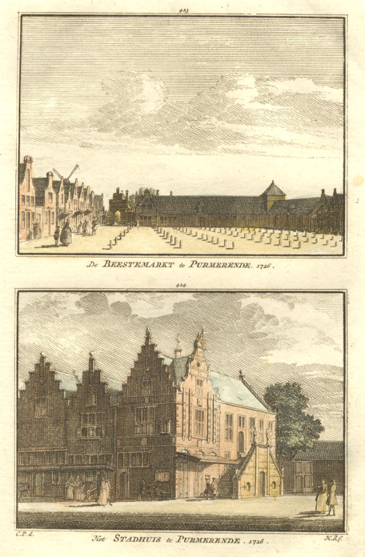 afbeelding van prent De Beestemarkt te Purmerende; Het Stadhuis te Purmerende 1726 van H. Spilman, C. Pronk (Purmerend)