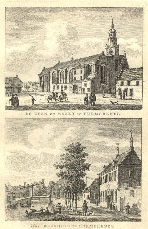 afbeelding van prent De kerk en Markt, Het Weeshuis te Purmerende van C.F. Bendorp, J. Bulthuis (Purmerend)