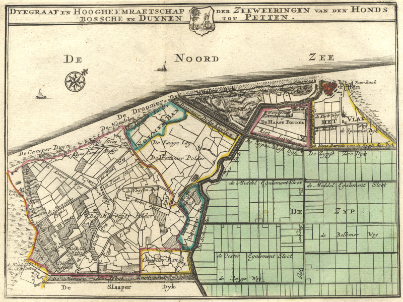 afbeelding van plattegrond Dykgraaf en Hoogheemraetschap der Zeeweeringen van den Honds Bossche en Duynen tot Petten van H. de Leth (Petten)