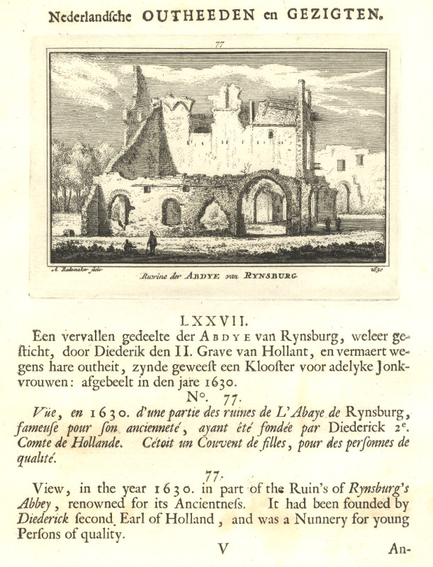 afbeelding van prent Ruwine der Abdye van Rynsburg 1630 van A. Rademaker (Rijnsburg)