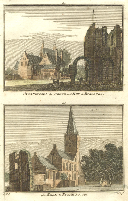 afbeelding van prent Overblyfsel der Abdye en ´t Hof te Rynsburg; De kerk te Rynsburg van H. Spilman, C. Pronk (Rijnsburg)