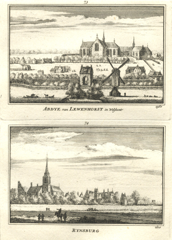 afbeelding van prent Abdye van Lewenhorst in Welstant 1560; Rynsburg 1600 van A. Rademaker (Rijnsburg)