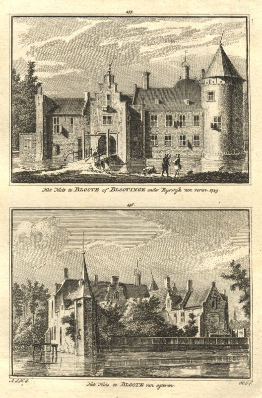 afbeelding van prent Het Huis te Bloote of Blootinge onder Ryswyk van voren; van agteren van H. Spilman, A. de Haan (Rijswijk)
