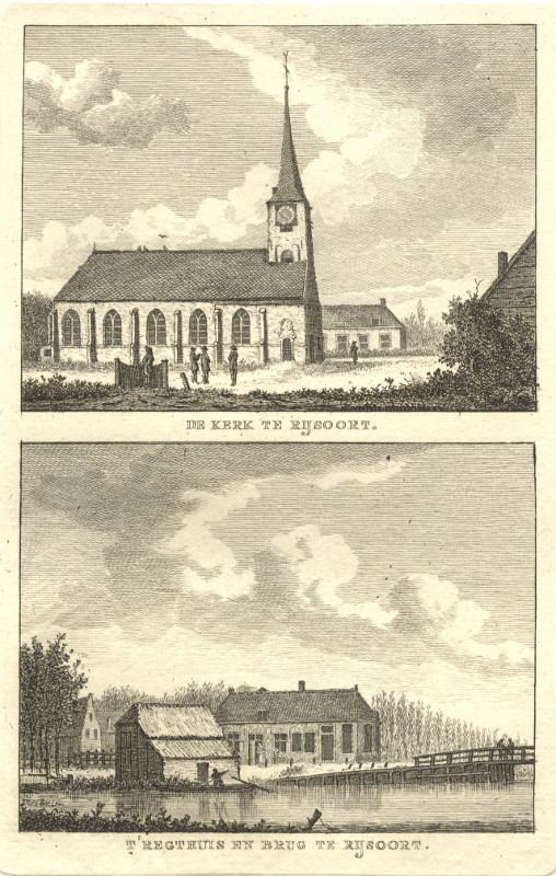 afbeelding van prent De kerk te Rijsoort;  t´ Regthuis en brug te Rijsoort van C.F. Bendorp, J. Bulthuis (Ridderkerk)