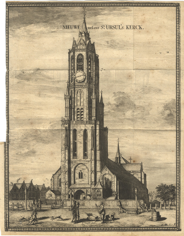 afbeelding van prent Nieuwe wel-eer St. Ursul´s Kerck van C. Decker (Delft)