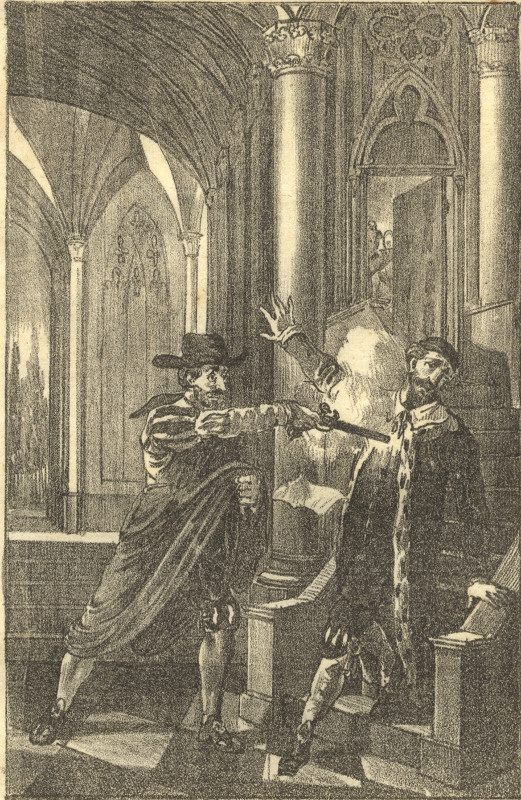 afbeelding van prent Moord op Willem van Oranje van nn (Delft)