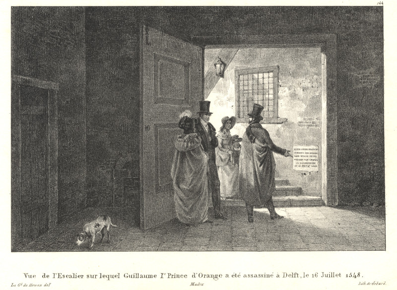 afbeelding van vogelvlucht Vue de l´Escalier sur lequel Guillaume Ir Prince d´Orange a été assassiné van Howen, Jobard, Madou (Delft)
