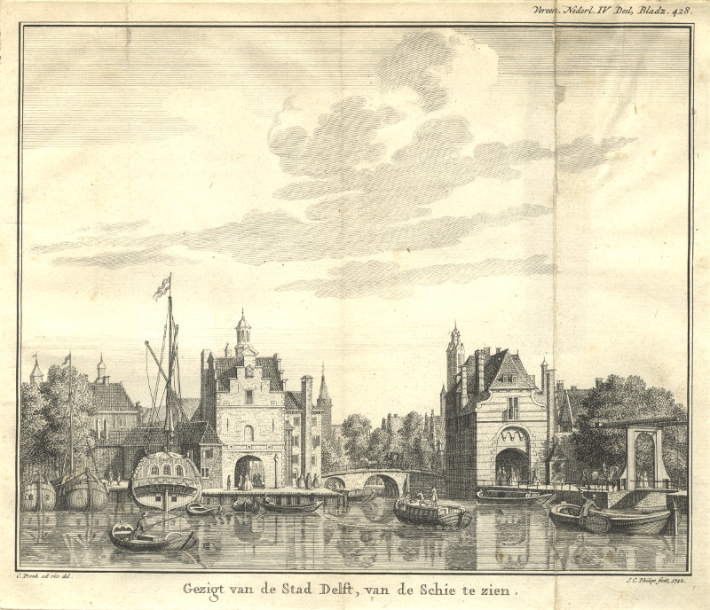 afbeelding van prent Geizgt van de Stad Delft, van de Schie te zien. van C. Pronk, J.C. Philips (Delft)