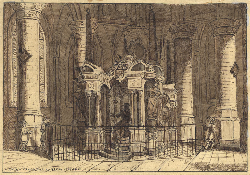 afbeelding van prent Delft, praalgraf Willem v. Oranje van nn, naar Willem Swidde (Delft)