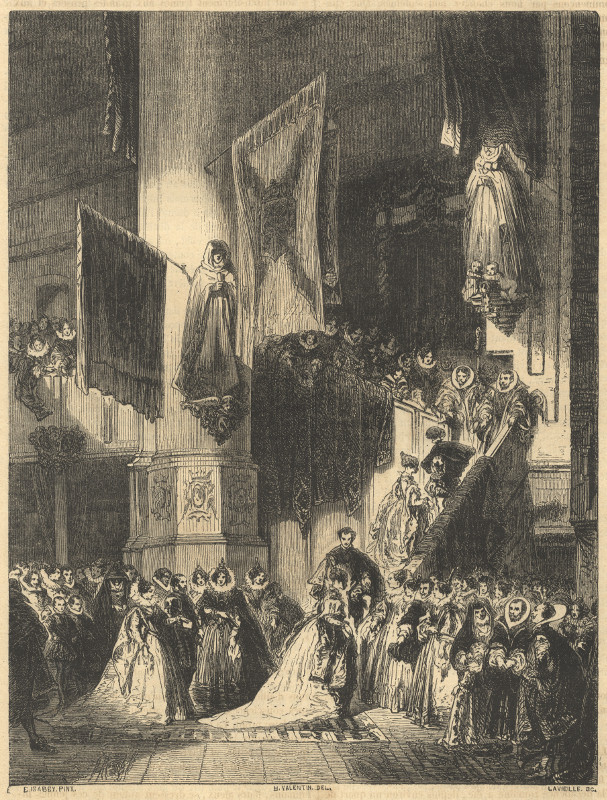 afbeelding van prent Une Ceremonie dans l´Eglise de Delft van B. Valentin, Lavieille, naar Eugene Isabey (Delft)